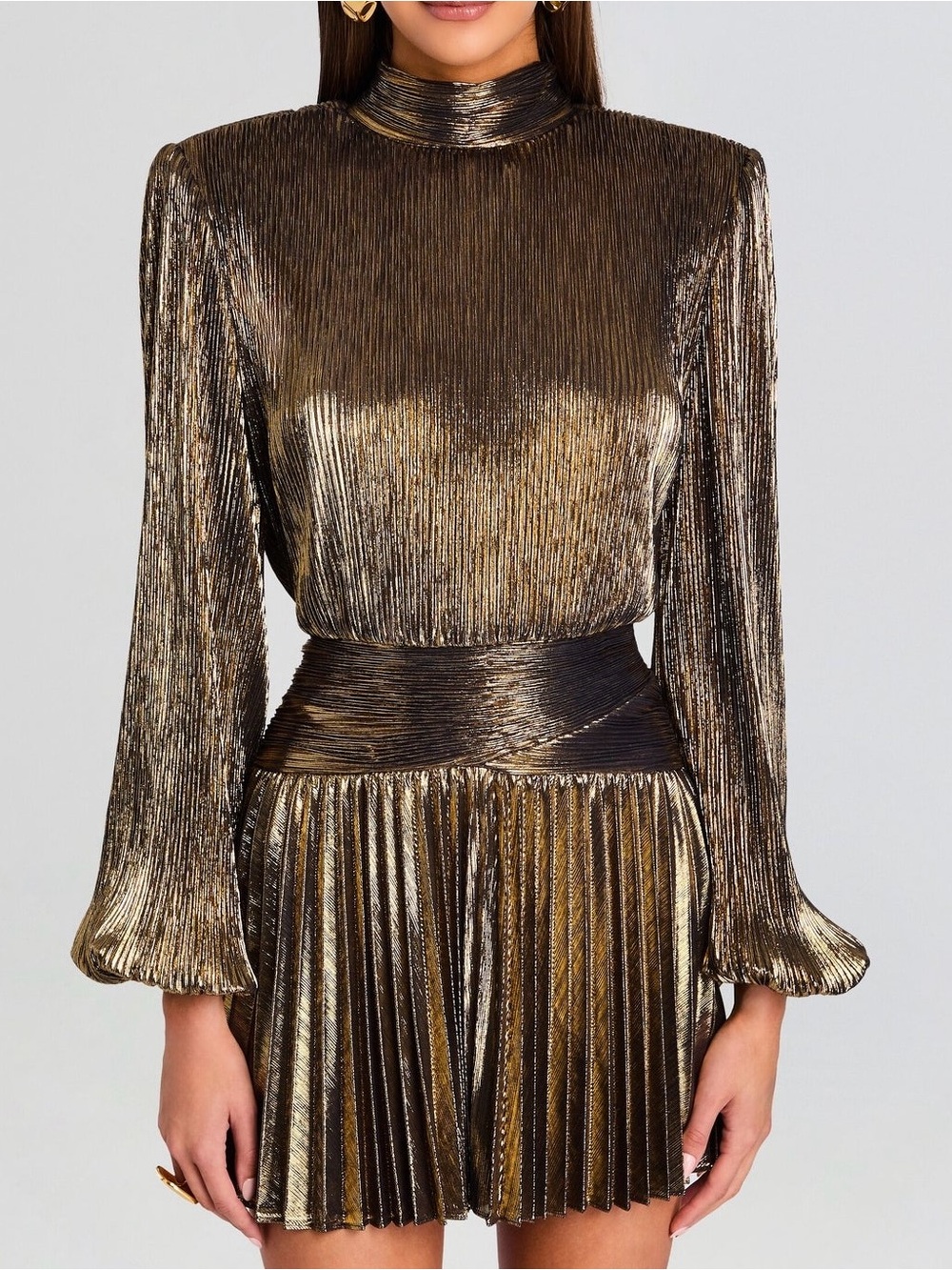 NWT Retrofete Freja Antique Gold Metallic Long Sleeve Mini Cocktail Party Dress